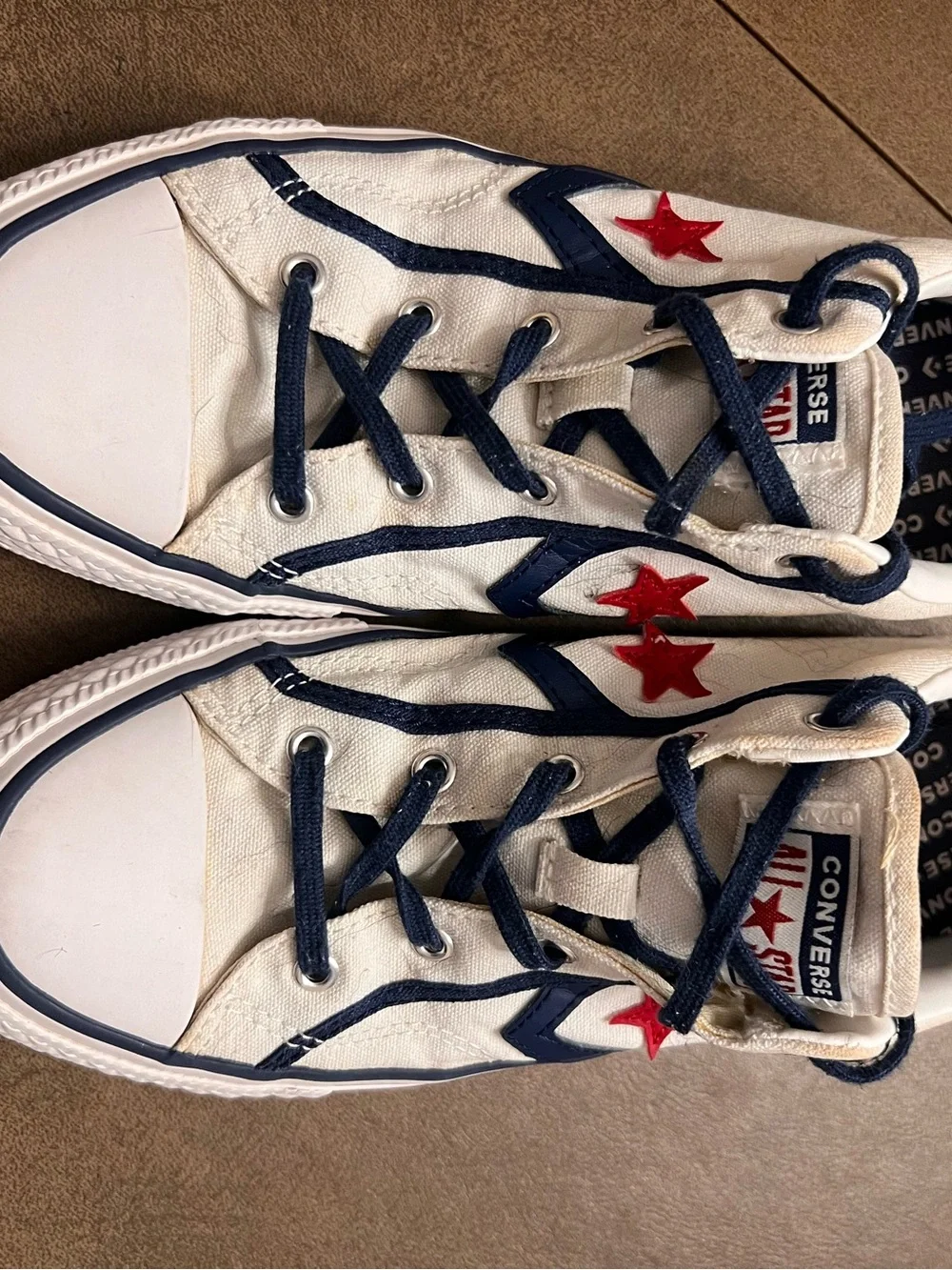 Converse Kids White Canvas Sneakers with Navy Trim and Red Star Accent